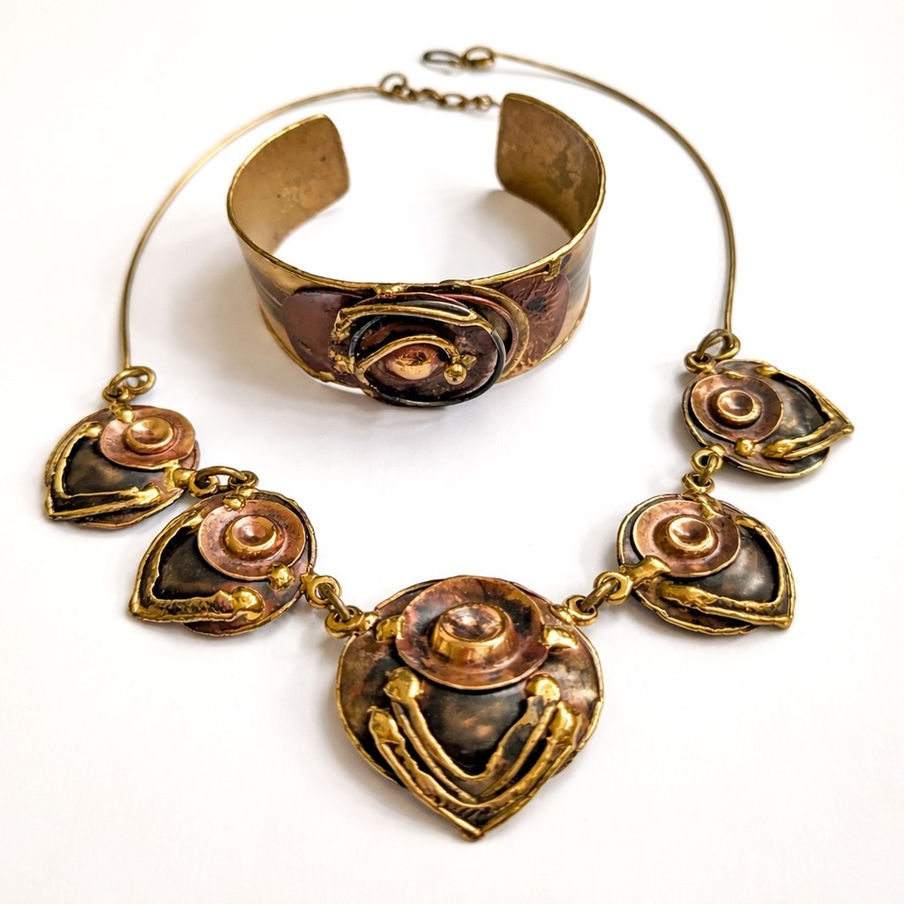 Vintage 1970s Modernist Brutalist Brass Copper Statement Necklace Cuff Bracelet